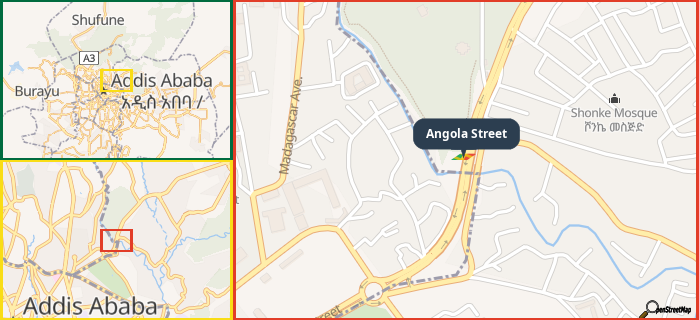 Map showing the address of Angola Street in three different zoom levels.