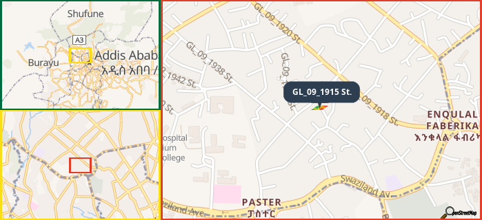 Map showing the address of GL_09_1915 St. in three different zoom levels.