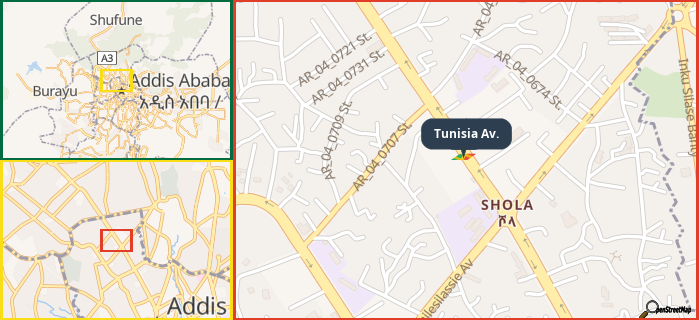 Map showing the address of Tunisia Av. in three different zoom levels.