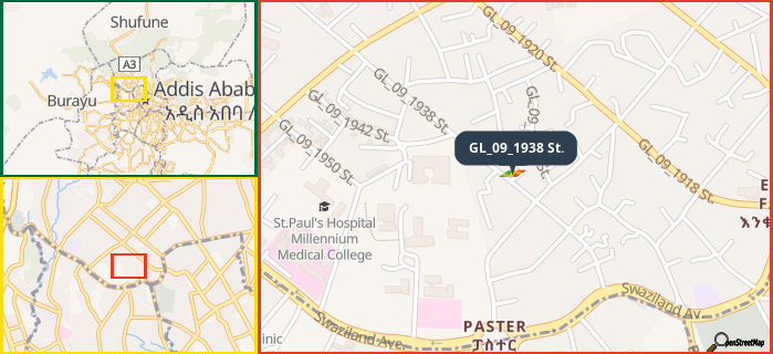Map showing the address of GL_09_1938 St. in three different zoom levels.