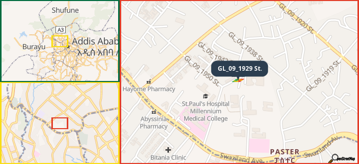 Map showing the address of GL_09_1929 St. in three different zoom levels.