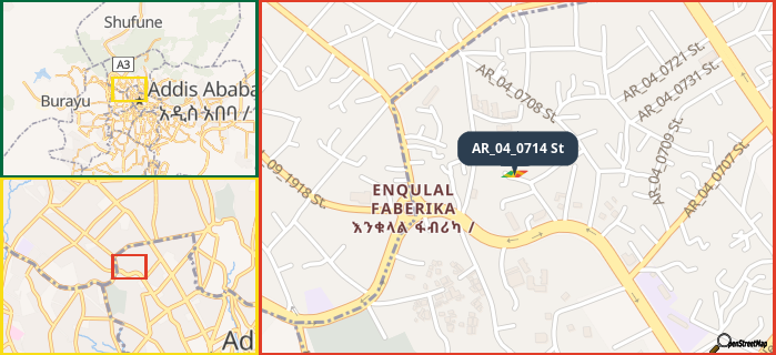 Map showing the address of AR_04_0714 St in three different zoom levels.