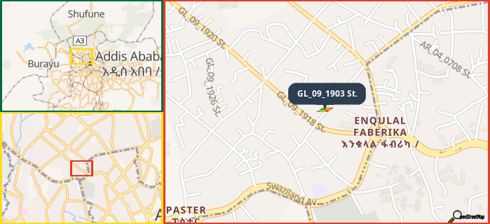 Map showing the address of GL_09_1903 St. in three different zoom levels.