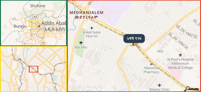 Map showing the address of አዋሽ ባንክ in three different zoom levels.