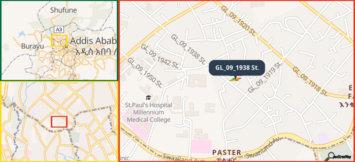 Map showing the address of GL_09_1938 St. in three different zoom levels.