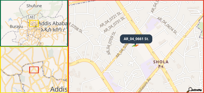 Map showing the address of AR_04_0661 St. in three different zoom levels.