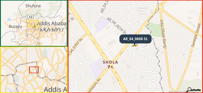 Map showing the address of AR_04_0608 St. in three different zoom levels.