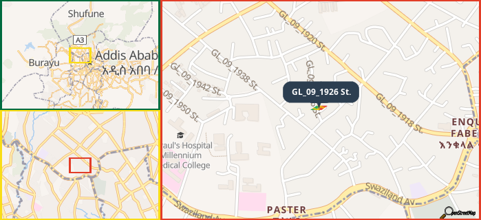 Map showing the address of GL_09_1926 St. in three different zoom levels.