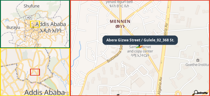 Map showing the address of Abera Gizwa Street / Gulele_02_368 St. in three different zoom levels.