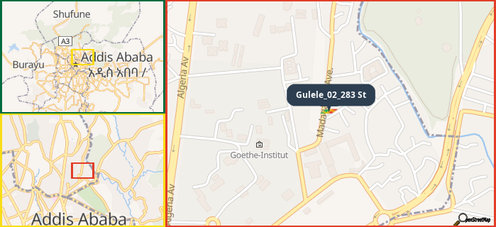 Map showing the address of Gulele_02_283 St in three different zoom levels.