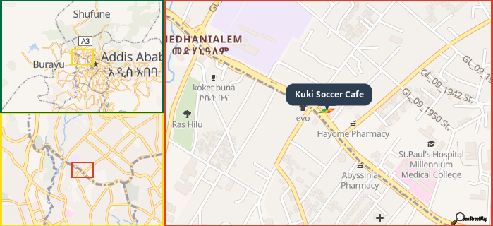 Map showing the address of Kuki Soccer Cafe in three different zoom levels.