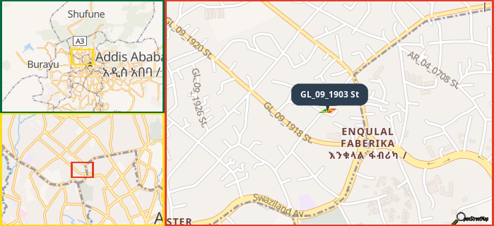 Map showing the address of GL_09_1903 St in three different zoom levels.
