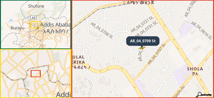 Map showing the address of AR_04_0709 St in three different zoom levels.