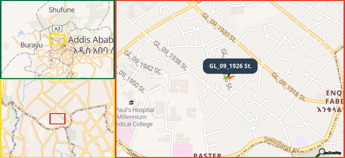 Map showing the address of GL_09_1926 St. in three different zoom levels.