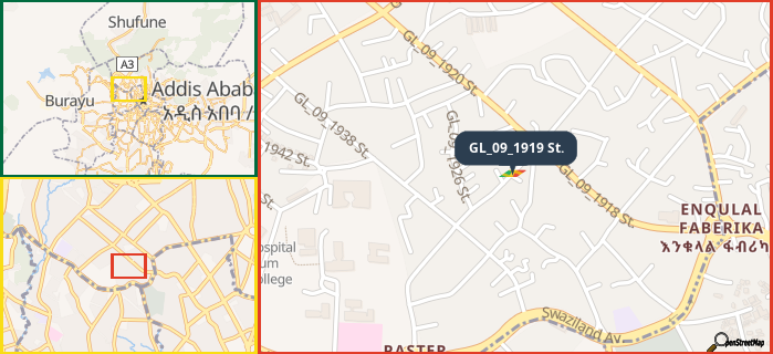 Map showing the address of GL_09_1919 St. in three different zoom levels.