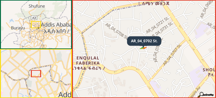 Map showing the address of AR_04_0702 St. in three different zoom levels.