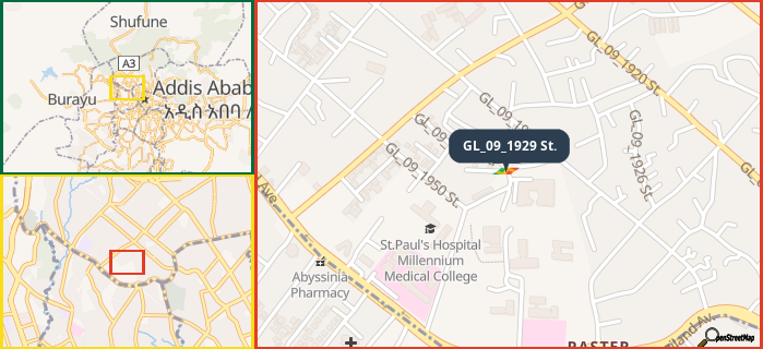 Map showing the address of GL_09_1929 St. in three different zoom levels.