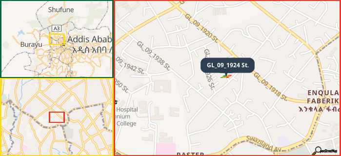 Map showing the address of GL_09_1924 St. in three different zoom levels.