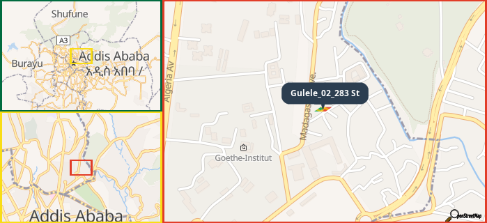 Map showing the address of Gulele_02_283 St in three different zoom levels.