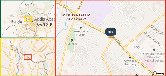 Map showing the address of evo in three different zoom levels.