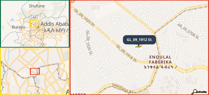 Map showing the address of GL_09_1912 St. in three different zoom levels.