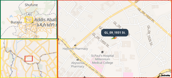 Map showing the address of GL_09_1931 St. in three different zoom levels.