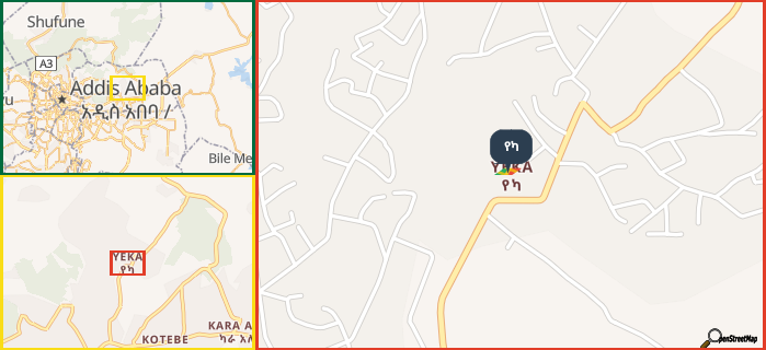 Map showing the address of የካ in three different zoom levels.