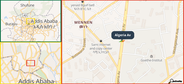 Map showing the address of Algeria Av in three different zoom levels.