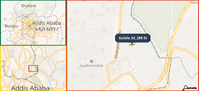 Map showing the address of Gulele_02_288 St in three different zoom levels.