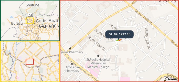 Map showing the address of GL_09_1927 St. in three different zoom levels.