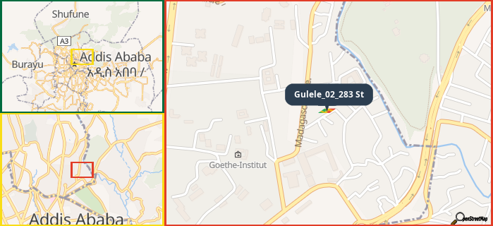 Map showing the address of Gulele_02_283 St in three different zoom levels.