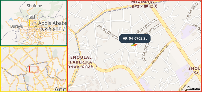 Map showing the address of AR_04_0702 St in three different zoom levels.