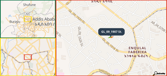 Map showing the address of GL_09_1907 St. in three different zoom levels.