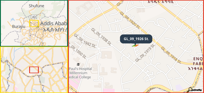 Map showing the address of GL_09_1926 St. in three different zoom levels.