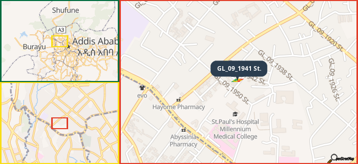 Map showing the address of GL_09_1941 St. in three different zoom levels.