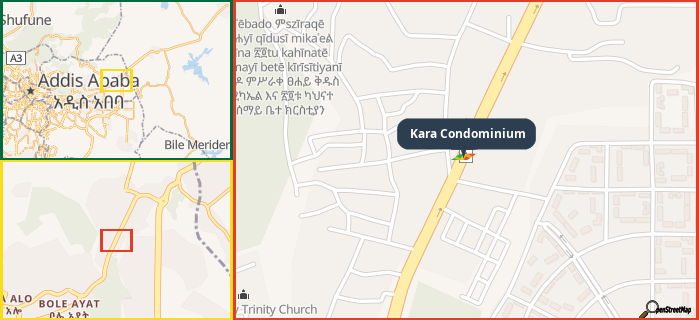 Map showing the address of Kara Condominium in three different zoom levels.