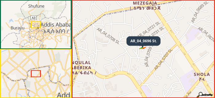 Map showing the address of AR_04_0696 St. in three different zoom levels.