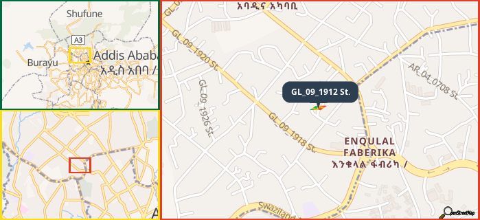 Map showing the address of GL_09_1912 St. in three different zoom levels.