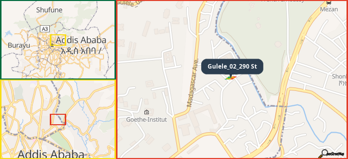 Map showing the address of Gulele_02_290 St in three different zoom levels.