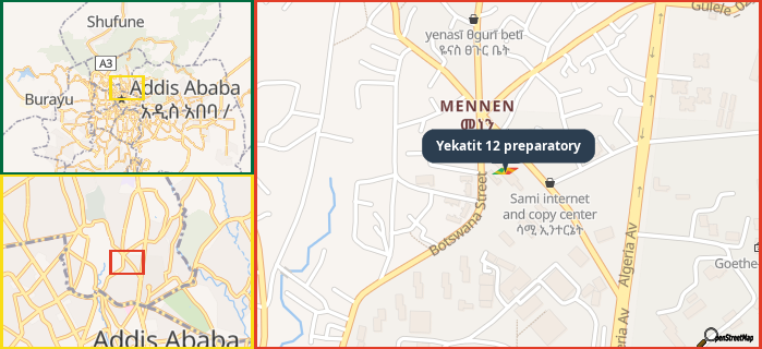 Map showing the address of Yekatit 12 preparatory in three different zoom levels.