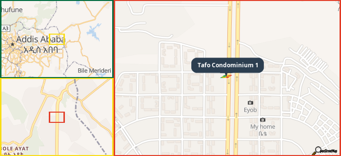 Map showing the address of Tafo Condominium 1 in three different zoom levels.