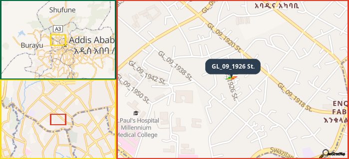 Map showing the address of GL_09_1926 St. in three different zoom levels.