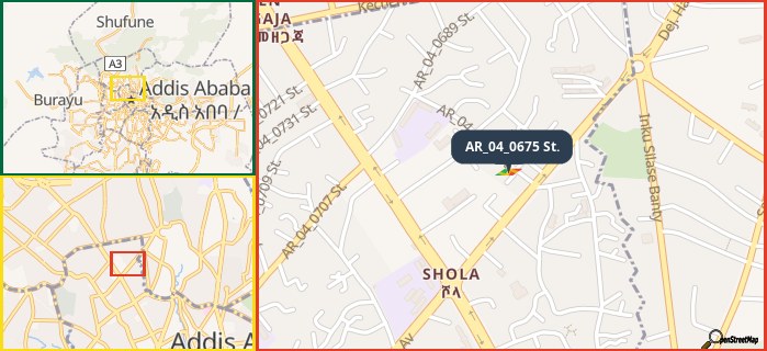 Map showing the address of AR_04_0675 St. in three different zoom levels.