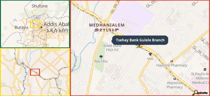 Map showing the address of Tsehay Bank Gulele Branch in three different zoom levels.