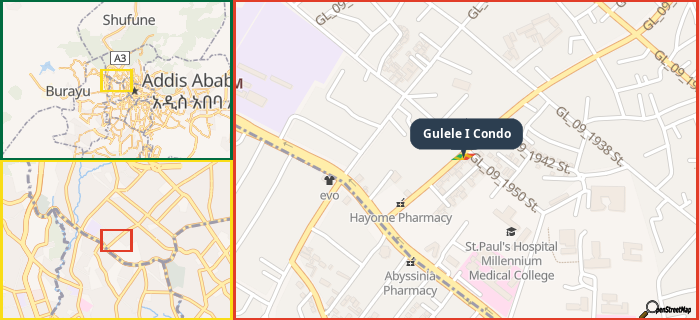 Map showing the address of Gulele I Condo in three different zoom levels.