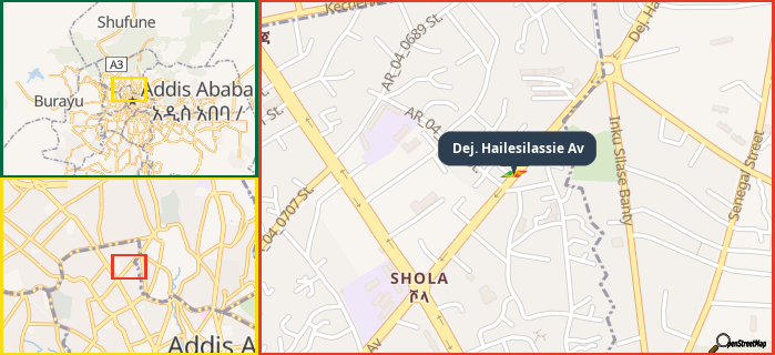 Map showing the address of Dej. Hailesilassie Av in three different zoom levels.