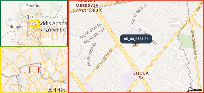 Map showing the address of AR_04_0681 St. in three different zoom levels.