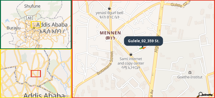 Map showing the address of Gulele_02_359 St. in three different zoom levels.