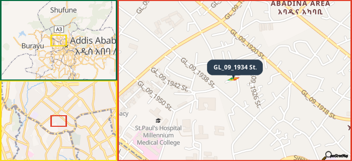 Map showing the address of GL_09_1934 St. in three different zoom levels.