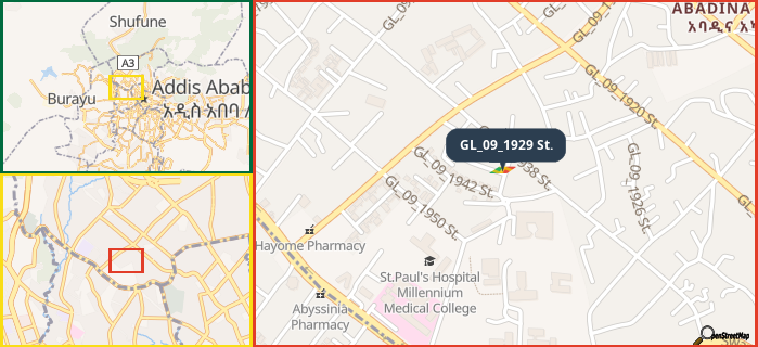 Map showing the address of GL_09_1929 St. in three different zoom levels.